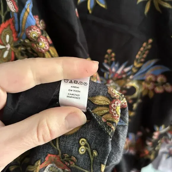 LOFT Womens Floral Puff Sleeve Blouse Large Button Back Cottagecore Black Blue - Picture 7 of 13